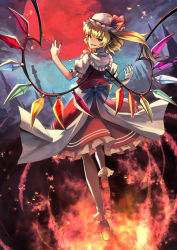 Rule 34 | 1girl, absurdres, back bow, blonde hair, bow, cloud, cloudy sky, commentary request, crystal, embers, evil grin, evil smile, eyelashes, fingernails, flandre scarlet, floating, frilled skirt, frills, full body, grin, hat, hat bow, hat ribbon, high heels, highres, looking at viewer, looking back, mob cap, moon, nail polish, night, one side up, open mouth, pointy ears, puffy short sleeves, puffy sleeves, red bow, red eyes, red moon, red nails, red ribbon, red skirt, red vest, ribbon, sash, sharp fingernails, short hair, short sleeves, skirt, sky, smile, socks, solo, teo (telo ruka), touhou, vest, white hat, white sash, white socks, wings