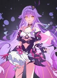 1girl absurdres aiduorin asymmetrical_gloves bare_shoulders black_background breasts cleavage clothing_cutout commentary cowboy_shot dress english_commentary gloves hair_between_eyes hair_ornament highres honkai_(series) honkai_impact_3rd long_hair looking_at_viewer navel navel_cutout parted_lips purple_dress purple_hair sirin sirin_(miracle_magical_girl) small_breasts solo thighs very_long_hair yellow_eyes