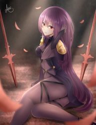 Rule 34 | 1girl, aeus, armor, ass, bodysuit, breasts, covered navel, dual wielding, fate/grand order, fate (series), gae bolg (fate), gloves, hair between eyes, highres, holding, long hair, looking at viewer, pauldrons, petals, polearm, purple bodysuit, purple hair, red eyes, scathach (fate), serious, shoulder armor, smile, solo, spear, weapon