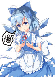 Rule 34 | 1girl, ahoge, alternate costume, apron, blue bow, blue dress, blush, bow, breast conscious, cirno, cowboy shot, detached wings, dress, enmaided, flat chest, frilled apron, frilled dress, frills, hair between eyes, hair bow, ice, ice wings, looking down, maid, neck ribbon, puffy short sleeves, puffy sleeves, red ribbon, ribbon, shiny skin, shirt, short sleeves, simple background, solo, speech bubble, spoken squiggle, squiggle, standing, tareme, touhou, waist apron, white apron, white background, white shirt, wings, yuxian youka