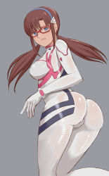 Rule 34 | 1girl, ass, blue eyes, bodysuit, breasts, brown hair, commentary, embarrassed, evangelion: 3.0+1.0 thrice upon a time, glasses, hairband, highres, long hair, looking at viewer, makinami mari illustrious, medium breasts, neon genesis evangelion, plugsuit, popo agaga, rebuild of evangelion, red-framed eyewear, solo, twintails, white bodysuit