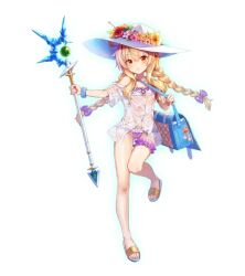 Rule 34 | 1girl, bare legs, bikini, bow, braid, breasts, female focus, flower, full body, game cg, hat, hat flower, holding, holding staff, holding weapon, knees, little witch nobeta, long hair, looking at viewer, lowres, navel, nobeta, non-web source, official art, red eyes, see-through, shoes, simple background, small breasts, solo, staff, standing, standing on one leg, sun hat, swimsuit, teeth, thighs, toes, transparent background, twin braids, weapon