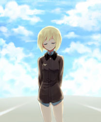 Rule 34 | 1girl, aged up, arms behind back, bad id, bad pixiv id, blue sky, closed eyes, cloud, day, erica hartmann, gradient background, kodamari, long sleeves, military, military uniform, panties, short hair, sky, smile, solo, strike witches, underwear, uniform, white panties, world witches series