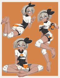 Rule 34 | 1girl, absurdres, barefoot, bea (pokemon), black bodysuit, black hairband, bodysuit, bodysuit under clothes, border, bow hairband, closed mouth, collared shirt, commentary, creatures (company), feet, game freak, grey eyes, hair between eyes, hairband, highres, hyyun ho, knee pads, looking at viewer, multiple views, nintendo, outline, pokemon, pokemon swsh, print shirt, print shorts, shirt, short hair, short sleeves, shorts, side slit, side slit shorts, soles, toes, v, white border