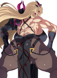 Rule 34 | 1girl, absurdres, armor, ass, back, backboob, bare back, bare shoulders, black dress, black gloves, blonde hair, breasts, brown pantyhose, chain, dress, earrings, elbow gloves, barghest (fate), barghest (second ascension) (fate), fate/grand order, fate (series), gauntlets, gloves, highres, horns, j.h., jewelry, large breasts, long hair, looking at viewer, looking back, muscular, muscular female, pantyhose, pauldrons, pelvic curtain, red eyes, shoulder armor, sideboob, single gauntlet, single pauldron, squatting, thick thighs, thighs, toned