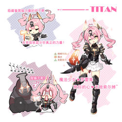 Rule 34 | + +, 1girl, ahoge, armor, black gloves, boots, breastplate, cabal (destiny), crossed bangs, destiny (game), elbow gloves, gloves, hair ornament, hammer, highres, holding, holding hammer, holding weapon, long hair, looking at viewer, multiple views, one eye closed, open mouth, pink hair, saru, shoulder armor, skirt, titan (destiny), twintails, weapon, yellow eyes