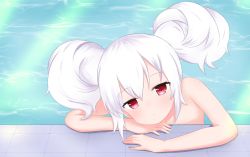 Rule 34 | 1girl, :o, arm rest, azur lane, blush, day, double bun, hair between eyes, hair bun, head rest, highres, laffey (azur lane), looking at viewer, nude, outdoors, parted lips, red eyes, sidelocks, silver hair, solo, sunlight, upper body, water, yuujoduelist