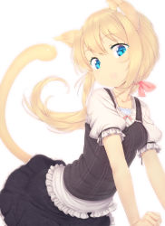 Rule 34 | 1girl, animal ears, blonde hair, blue eyes, blush, cat ears, cat tail, fang, looking at viewer, open mouth, original, ponytail, short sleeves, simple background, skirt, solo, tail, white background, zizi (zz22)