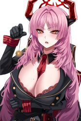 Rule 34 | 1girl, absurdres, between breasts, black gloves, blondy (ldlong), blue archive, blush, breasts, cleavage, coin, coin on string, eyeliner, fangs, glaring, gloves, halo, highres, horns, large breasts, long hair, looking at viewer, makeup, mole, mole on breast, necktie, necktie between breasts, open mouth, pink hair, satsuki (blue archive), simple background, solo, very long hair, white background, yellow eyes