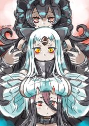 Rule 34 | 10s, 3girls, abyssal ship, bad id, bad pixiv id, bags under eyes, battleship princess, black hair, breast rest, breasts, breasts on head, frills, gothic lolita, horns, isolated island oni, kantai collection, krono tokage, large breasts, lolita fashion, long hair, multiple girls, red eyes, seaport princess, single horn, smile, yellow eyes