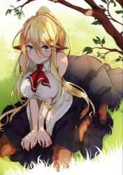 Rule 34 | blonde hair, blue eyes, blush, breasts, centaur, centorea shianus, highres, large breasts, long hair, monster girl, monster musume no iru nichijou, outdoors, sitting, smile, solo, solo focus, taur, third-party source, very long hair