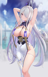 Rule 34 | 1girl, absurdres, armpits, arms behind head, azur lane, bare shoulders, breast curtains, breasts, cleavage, fuying sanbing, groin, hair over one eye, highres, horns, large breasts, long hair, looking at viewer, purple eyes, revealing clothes, smile, solo, thigh strap, unzen (azur lane), very long hair, white hair
