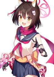 Rule 34 | 1girl, :d, absurdres, animal ears, azunyan, bare shoulders, black gloves, blue archive, blue skirt, breasts, brown eyes, brown hair, cowboy shot, fang, floral print, fox ears, fox girl, fox hair ornament, fox shadow puppet, gloves, hair between eyes, halo, hand up, happy, highres, izuna (blue archive), looking at viewer, medium hair, miniskirt, neckerchief, open mouth, pink neckerchief, pink scarf, pleated skirt, sailor collar, scarf, school uniform, serafuku, shirt, skirt, sleeveless, sleeveless shirt, slit pupils, small breasts, smile, solo, yellow eyes