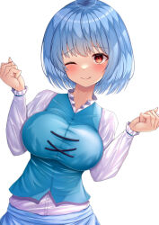 Rule 34 | 1girl, ;q, blue hair, blue vest, breasts, closed mouth, cross-laced clothes, highres, large breasts, long sleeves, looking at viewer, one eye closed, red eyes, reijing etrn, shirt, short hair, simple background, smile, solo, tatara kogasa, tongue, tongue out, touhou, upper body, vest, white background, white shirt