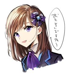 Rule 34 | 1girl, bad id, bad twitter id, black jacket, bow, brown hair, collared shirt, copyright request, hair bow, hair ornament, jacket, looking at viewer, maruchi, medium hair, neck ribbon, portrait, purple bow, purple eyes, purple ribbon, ribbon, shirt, simple background, smile, solo, speech bubble, translation request, white background, white shirt, wing collar