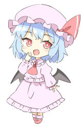 Rule 34 | 1girl, :d, arnest, ascot, bat wings, black wings, blue hair, bright pupils, fang, full body, highres, light blue hair, looking at viewer, open mouth, red ascot, red eyes, red footwear, remilia scarlet, shirt, short hair, simple background, skin fang, skirt, smile, socks, solo, touhou, white background, white pupils, white shirt, white skirt, white socks, wings