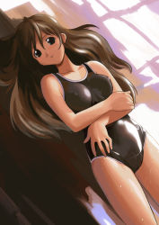 Rule 34 | 1girl, black eyes, brown hair, competition swimsuit, covered erect nipples, crossed arms, dutch angle, jiji (aardvark), long hair, lying, one-piece swimsuit, smile, solo, sunlight, swimsuit, wet