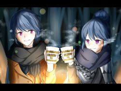 Rule 34 | aged up, artist request, blue hair, bonfire, closed mouth, dual persona, hair bun, jitome, letterboxed, night, nissin cup noodle, outdoors, purple eyes, scarf, shawl, shima rin, single hair bun, striped clothes, striped scarf, time paradox, toasting (gesture), yurucamp, yurucamp movie