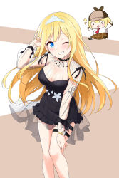 Rule 34 | 1girl, absurdres, alternate costume, arm tattoo, black dress, blonde hair, blue eyes, breasts, cleavage, commentary, diamond earrings, dress, earrings, english commentary, felutiahime, grin, highres, hololive, hololive english, jewelry, large breasts, long hair, looking at viewer, mole, mole on breast, official alternate costume, one eye closed, smile, smol ame, tattoo, thigh strap, virtual youtuber, watch, watson amelia, watson amelia (party dress), wristwatch