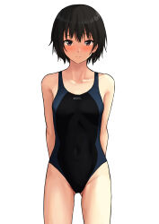 Rule 34 | 1girl, absurdres, amagami, black hair, black one-piece swimsuit, blush, breasts, collarbone, competition swimsuit, cowboy shot, highres, itsuki nofuji, looking at viewer, nanasaki ai, one-piece swimsuit, purple eyes, short hair, simple background, small breasts, solo, standing, swimsuit, white background