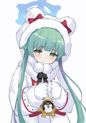 Rule 34 | 1girl, animal hood, blue archive, blue halo, blush, bow, closed mouth, coat, commentary, cram960, fur-trimmed coat, fur-trimmed hood, fur trim, gloves, green eyes, green hair, halo, highres, hood, hood up, hooded coat, long hair, long sleeves, looking at viewer, momiji (blue archive), red bow, sidelocks, simple background, smile, solo, split mouth, upper body, white background, white coat, white gloves, winter clothes, winter coat