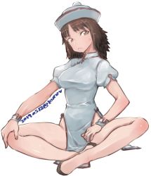 Rule 34 | 1girl, abaratani kurou, alternate costume, black eyes, black footwear, black hair, china dress, chinese clothes, closed mouth, commentary, dated, dress, flats, frown, full body, girls und panzer, hat, head tilt, highres, indian style, legs, long hair, looking at viewer, murakami (girls und panzer), no panties, one-hour drawing challenge, puffy short sleeves, puffy sleeves, short dress, short sleeves, side slit, simple background, sitting, solo, sweatdrop, twitter username, white background, white dress, white hat, wrist cuffs