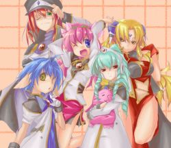 Rule 34 | 00s, 5girls, = =, animal ears, aqua hair, blonde hair, blue eyes, blue hair, bow, bridal gauntlets, broccoli (company), brooch, child, china dress, chinese clothes, cleavage cutout, clothing cutout, dress, drill hair, everyone, facial mark, flower, forehead mark, forte stollen, galaxy angel, gloves, green hair, hair flower, hair ornament, hairband, hairpods, hat, holding, hug, jewelry, leg lift, long hair, looking at viewer, milfeulle sakuraba, mint blancmanche, monocle, multiple girls, normad, open mouth, peaked cap, pink hair, ranpha franboise, red eyes, red hair, salute, short hair, skirt, stuffed animal, stuffed toy, turtleneck, uniform, vanilla h, very long hair, wink, yellow eyes, yomi (artist)