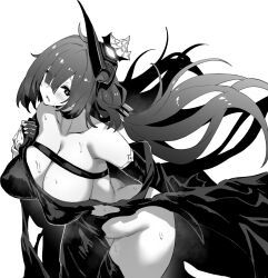 Rule 34 | 1girl, ass, azur lane, azur lane: slow ahead, black choker, black dress, breast strap, breasts, butt crack, choker, cleavage, collarbone, cross, dress, eyes visible through hair, greyscale, hair ornament, hair over one eye, heart, heart-shaped pupils, highres, hori (hori no su), huge breasts, large breasts, long hair, looking at viewer, mogador (azur lane), monochrome, official art, parted lips, revealing clothes, solo, sweat, symbol-shaped pupils, torn clothes, torn dress, very long hair