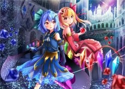 Rule 34 | 2girls, :o, alternate costume, architecture, arm warmers, back-to-back, bare shoulders, bat wings, blonde hair, blue gloves, blue hair, blurry, bow, bracelet, brooch, ascot, crystal, depth of field, diffraction spikes, dress, earrings, elbow gloves, fang, flandre scarlet, gem, glint, gloves, gothic architecture, hair blowing, hair bow, hair ornament, hairclip, heart, heart earrings, highres, holding, jewelry, layered dress, looking at another, looking at viewer, looking back, multiple girls, night, open mouth, outdoors, red eyes, remilia scarlet, renka (cloudsaikou), short hair, siblings, side ponytail, sisters, sitting, sky, sleeveless, sleeveless dress, star (sky), starry sky, strapless, strapless dress, touhou, wind, wings