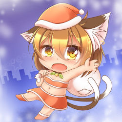 Rule 34 | 1girl, animal ears, bell, blush, brown eyes, brown hair, cat ears, cat girl, cat tail, chen, chibi, child, christmas, female focus, flat chest, full body, hat, kurumai, looking at viewer, matching hair/eyes, midriff, mistletoe, multiple tails, navel, open mouth, sack, santa hat, shiny skin, solo, tail, touhou