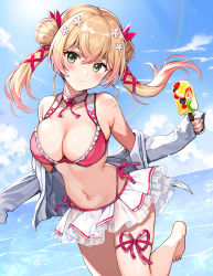 Rule 34 | 1girl, absurdres, alternate costume, alternate hairstyle, barefoot, beach, bikini, bikini skirt, blonde hair, blue sky, blush, breasts, cleavage, closed mouth, cloud, cloudy sky, commentary, cowboy shot, day, double bun, flower, food, frilled bikini, frills, gradient hair, green eyes, hair between eyes, hair bun, hair flower, hair ornament, hair ribbon, highres, holding, holding food, hololive, jacket, large breasts, long hair, looking at viewer, momosuzu nene, multicolored hair, navel, nishizawa, ocean, off shoulder, outdoors, pink hair, popsicle, rainbow, red bikini, ribbon, side bun, single side bun, skindentation, sky, sleeves past wrists, solo, stomach, sun, sunlight, swimsuit, thighs, twintails, two-tone hair, virtual youtuber, white jacket
