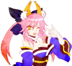 Rule 34 | 10s, 1girl, \m/, animal ears, bare shoulders, bow, breasts, cleavage, detached sleeves, fate/extra, fate (series), fox ears, fox tail, hair bow, japanese clothes, large breasts, mgk968, one eye closed, pink hair, smile, solo, tail, tamamo (fate), tamamo no mae (fate/extra), twintails, wink, yellow eyes