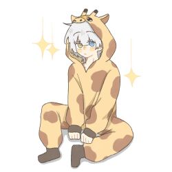 Rule 34 | 1girl, bang dream!, bang dream! it&#039;s mygo!!!!!, blue eyes, closed mouth, commentary request, full body, gampong44, giraffe costume, heterochromia, kaname raana, long sleeves, looking at viewer, medium hair, onesie, simple background, sitting, solo, sparkle, white background, white hair, yellow eyes