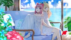 Rule 34 | 2girls, ahoge, bare shoulders, barefoot, blonde hair, blue bow, blue eyes, blurry, bow, chia (mahou shoujo chia chia channel), cloud, collarbone, couch, day, depth of field, dress, feet, flower, frilled dress, frills, hair bow, hibiscus, highres, indoors, lamp, long hair, looking at another, looking back, mahou shoujo chia chia channel, momosuke (ishakry), multiple girls, ocean, own hands together, pink hair, purple eyes, sitting, sorano momoka, star-shaped pupils, star (symbol), strapless, strapless dress, summer, sundress, swept bangs, symbol-shaped pupils, virtual youtuber, white dress, window
