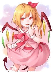 Rule 34 | 1girl, :d, alternate costume, bare shoulders, blonde hair, blush, demon tail, fang, female focus, flandre scarlet, hair ribbon, highres, junwool, long hair, looking at viewer, navel, no headwear, no headwear, open mouth, pointy ears, red eyes, ribbon, side ponytail, sketch, skirt, smile, solo, tail, touhou, wings