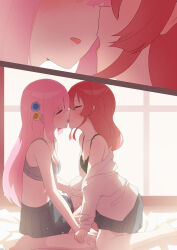 Rule 34 | 2girls, absurdres, black bra, blush, bocchi the rock!, bra, breasts, close-up, closed eyes, commentary request, cube hair ornament, french kiss, gotoh hitori, grey bra, hair ornament, highres, imminent kiss, kiss, kita ikuyo, medium breasts, multiple girls, pink hair, red hair, small breasts, strings-lover, tongue, tongue out, underwear, yuri