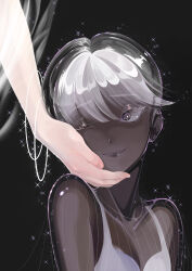 Rule 34 | 1other, absurdres, aechmea (houseki no kuni), androgynous, black eyes, black hair, bracelet, cairngorm (houseki no kuni), camisole, closed mouth, commentary, dark skin, eyelashes, eyeshadow, hand on another&#039;s cheek, hand on another&#039;s face, highres, houseki no kuni, jewelry, layered clothes, light particles, lipstick, looking at viewer, makeup, multicolored hair, nuzzle, one eye closed, oo0mog0oo, other focus, out of frame, see-through, see-through sleeves, short hair, smile, solo focus, sparkle, spoilers, translucent hair, two-tone hair, upper body, white hair