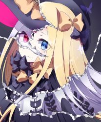 Rule 34 | 1girl, abigail williams (fate), abigail williams (third ascension) (fate), ametama (runarunaruta5656), black bow, black dress, black gloves, black hat, blonde hair, blue eyes, blush, bow, bug, butterfly, closed mouth, crying, crying with eyes open, dress, elbow gloves, eyes visible through hair, fate/grand order, fate (series), gloves, grey background, hair bow, hat, head tilt, highres, insect, long hair, long sleeves, looking at viewer, orange bow, page tear, pale skin, parted bangs, polka dot, polka dot bow, red eyes, revealing clothes, revealing layer, smile, solo, tears, very long hair, white hair, witch hat