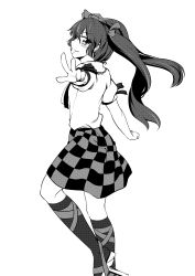Rule 34 | 0-den, 1girl, absurdres, arm garter, blush, checkered clothes, checkered skirt, foreshortening, from side, greyscale, hat, highres, himekaidou hatate, looking at viewer, monochrome, profile, shirt, short sleeves, skirt, solo, tokin hat, tongue, tongue out, touhou, twintails, v, white shirt