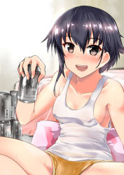 Rule 34 | 1girl, alternate costume, asymmetrical hair, beer can, black hair, breasts, brown eyes, can, drink can, hair between eyes, highres, holding, holding can, i-14 (kancolle), kantai collection, panties, short hair, small breasts, solo, tank top, underwear, white tank top, yellow panties, yo-suke