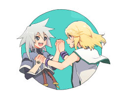 Rule 34 | 2boys, azuma yukihiko, blonde hair, blue eyes, bracelet, gem, genius sage, green eyes, highres, holding hands, jewelry, looking at another, male focus, medium hair, mithos yggdrasill, multiple boys, open mouth, short sleeves, tales of (series), tales of symphonia, white hair, yaoi