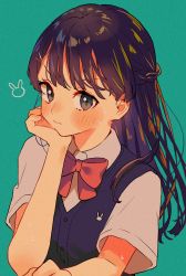 Rule 34 | 1girl, black hair, blue eyes, bow, bowtie, closed mouth, commentary, head on hand, highres, looking at viewer, lq saku, nijisanji, rabbit head, red neckwear, short sleeves, tsukino mito, tsukino mito (3rd costume), virtual youtuber