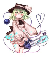 Rule 34 | ascot, bell, black hat, blue bow, blush, bow, bridal garter, chainsaw, character name, commentary request, cowboy shot, cropped legs, dress, green eyes, green hair, hat, hat ribbon, hat with ears, heart, heart of string, highres, jingle bell, komeiji koishi, long sleeves, looking at viewer, puffy long sleeves, puffy sleeves, ribbon, simple background, smile, solo, thigh cuffs, tis (shan0x0shan), touhou, white background, white dress, white ribbon