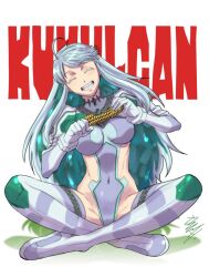Rule 34 | 1girl, blue hair, boots, breasts, character name, closed eyes, colored inner hair, commentary, commentary request, corn, covered navel, cropped jacket, eating, fate/grand order, fate (series), full body, gloves, green hair, grin, hiroe rei, indian style, jacket, juliet sleeves, kukulkan (fate), kukulkan (second ascension) (fate), large breasts, leotard, long hair, long sleeves, multicolored hair, puffy sleeves, shrug (clothing), sideless outfit, sidelocks, sitting, smile, solo, thigh boots, white footwear, white gloves, white hair, white jacket, white leotard