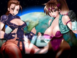 Rule 34 | 2girls, breakers, breakers revenge, breasts, brown hair, chinese clothes, cleavage, covered erect nipples, fighting stance, gloves, headband, jacket, large breasts, leotard, multiple girls, open mouth, pantyhose, ponytail, ryona, shin (studios), strip fighter v, thigh gap, tia langray, wrist wrap
