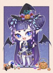 Rule 34 | 1girl, :d, ascot, bat wings, bell, black footwear, black sleeves, blue eyes, blunt bangs, border, bow, candy, chibi, cone hair bun, double bun, eyeball, fang, flower, food, frilled skirt, frills, full body, garter straps, hair bun, hair flower, hair ornament, halloween, halloween costume, hands up, hat, hat bow, highres, holding, holding food, jack-o&#039;-lantern hat ornament, kumu zaisheng, long hair, long sleeves, looking to the side, okobo, open mouth, orange border, overskirt, purple ascot, purple background, purple bow, purple flower, purple hair, purple shorts, purple skirt, sandals, shirt, short eyebrows, short shorts, shorts, skin fang, skirt, smile, solo, spider web hair ornament, thighhighs, turtleneck, very long hair, white shirt, white thighhighs, wide sleeves, wings, witch hat, xiao huaxian, yuji (xiao huaxian)