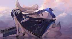 Rule 34 | 1girl, absurdres, animal ear fluff, animal ears, artist name, azur lane, blue kimono, breasts, cloud, cloudy sky, commentary, dishwasher1910, english commentary, english text, flight deck, fox ears, fox girl, fox tail, from side, highres, huge breasts, japanese clothes, kimono, kitsune, kyuubi, large tail, loading screen, long hair, military, multiple tails, official art, purple eyes, rigging, shinano (azur lane), sideboob, skirt, sky, solo, tail, thighhighs, very long hair, walking, walking on liquid, white hair, white skirt, white tail, white thighhighs, wide shot, wind, wind lift