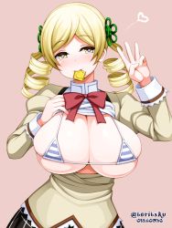 Rule 34 | 1girl, bikini, bikini top only, blonde hair, blush, bow, bowtie, breasts, breasts out, bursting breasts, cleavage, condom, condom in mouth, drill hair, hair ornament, hairpin, hand on own chest, heart, heart-shaped pupils, large breasts, long hair, long sleeves, looking at viewer, mahou shoujo madoka magica, mahou shoujo madoka magica (anime), micro bikini, micro bikini top, mouth hold, open clothes, puffy sleeves, school uniform, simple background, skindentation, smile, solo, striped bikini, striped bikini top, striped clothes, swimsuit, symbol-shaped pupils, tomoe mami, torigoe takumi, twin drills, yellow eyes