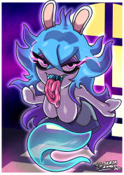 Rule 34 | 1girl, bare shoulders, blue hair, blush, border, breasts, cleavage, colored skin, dress, fangs, floating hair, ghost, ghost tail, glowing, glowing eyes, gradient hair, hair between eyes, highres, indoors, large breasts, long hair, long tongue, mario + rabbids sparks of hope, midnite (mario + rabbids), multicolored hair, open mouth, pink eyes, purple background, purple dress, purple hair, rabbid, rabbit ears, see-through, skajrzombie, smile, solo, tongue, tongue out, two-tone hair, white border, white skin, window