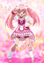 Rule 34 | 1girl, :d, ahoge, bike shorts, bike shorts under skirt, blue eyes, boots, bow, bowtie, brooch, choker, dress, eyelashes, full body, hair ornament, hairpin, hand on own hip, hip focus, jewelry, long hair, magical girl, open mouth, original, pink background, pink bow, pink dress, pink hair, pink skirt, pink theme, pomeranianko, precure, shorts, shorts under skirt, skirt, smile, solo, twintails, v, wrist cuffs